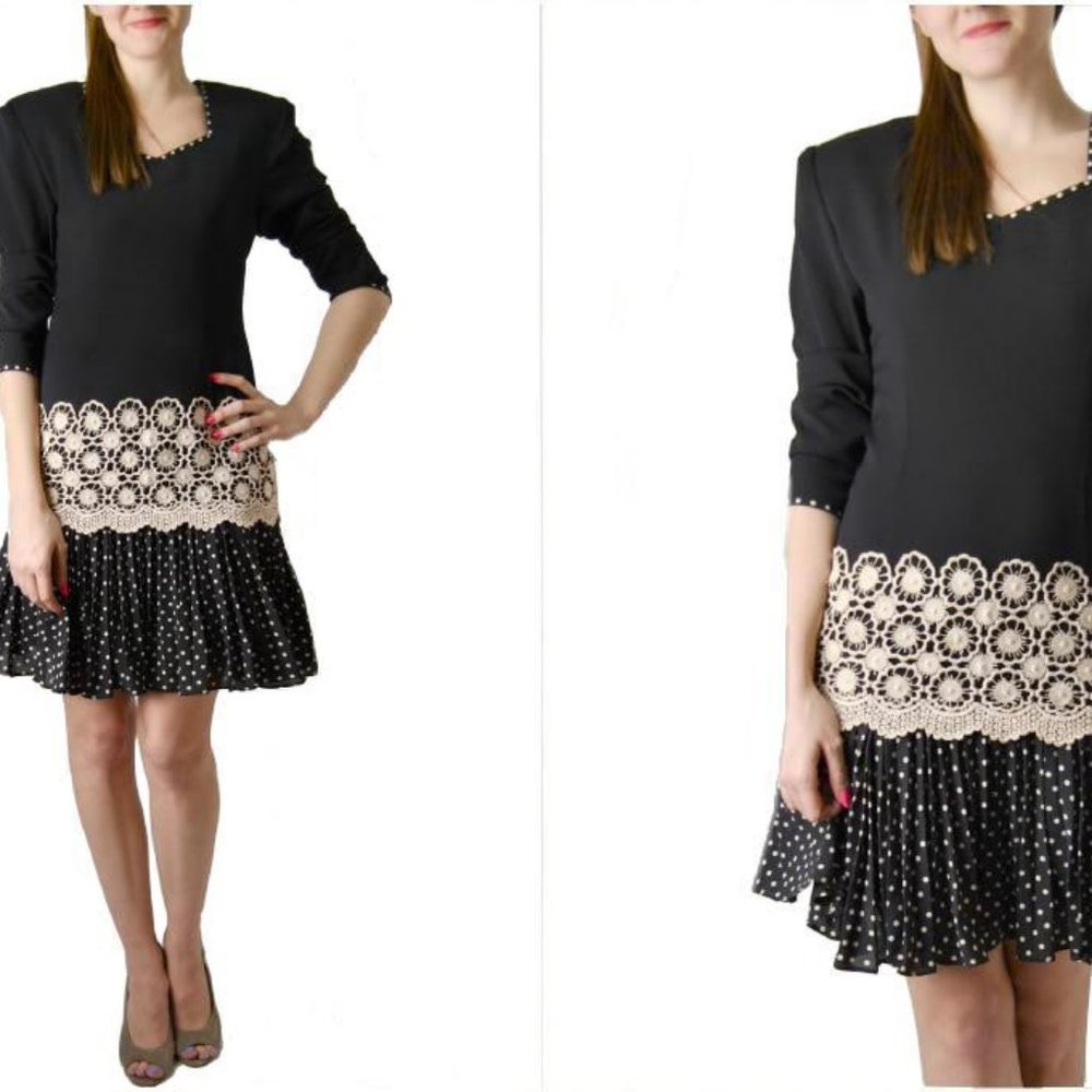 Vintage Paoci Italy Black Dress lace polka dots long sleeves New medium small